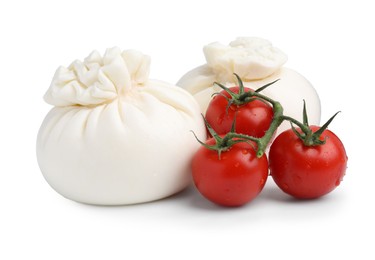 Photo of Fresh delicious burrata cheese and tomatoes isolated on white