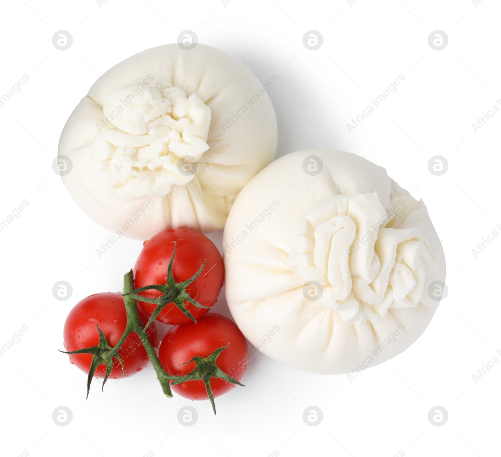 Photo of Fresh delicious burrata cheese and tomatoes isolated on white, top view