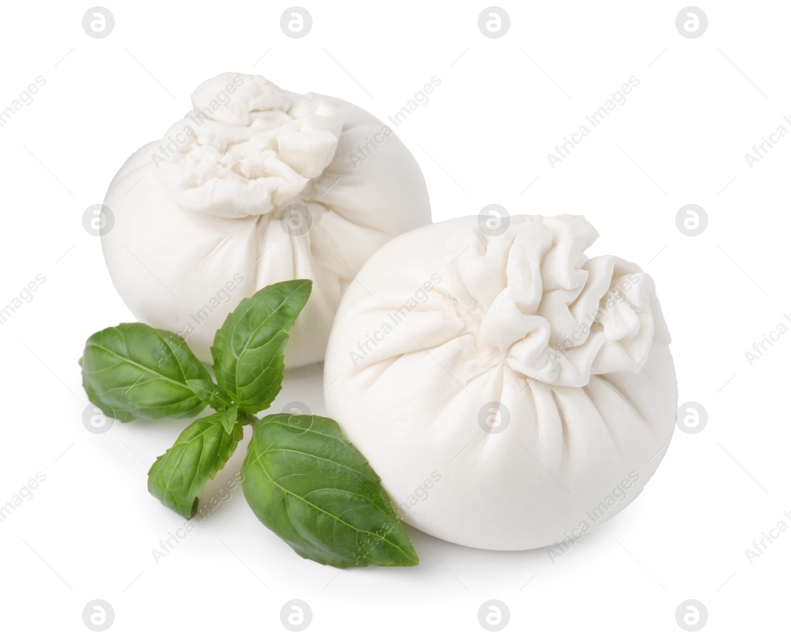 Photo of Fresh delicious burrata cheese and basil isolated on white