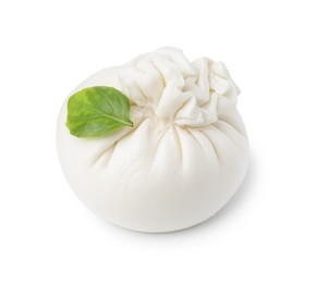 Fresh delicious burrata cheese and basil isolated on white