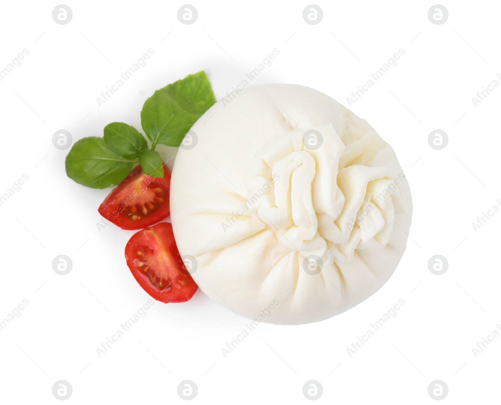 Photo of Fresh delicious burrata cheese, tomatoes and basil isolated on white, top view