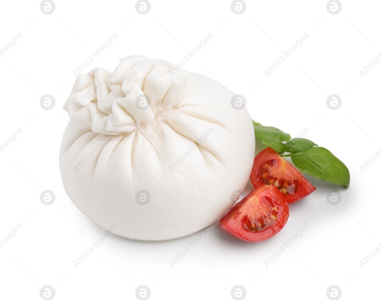 Photo of Fresh delicious burrata cheese, tomatoes and basil isolated on white