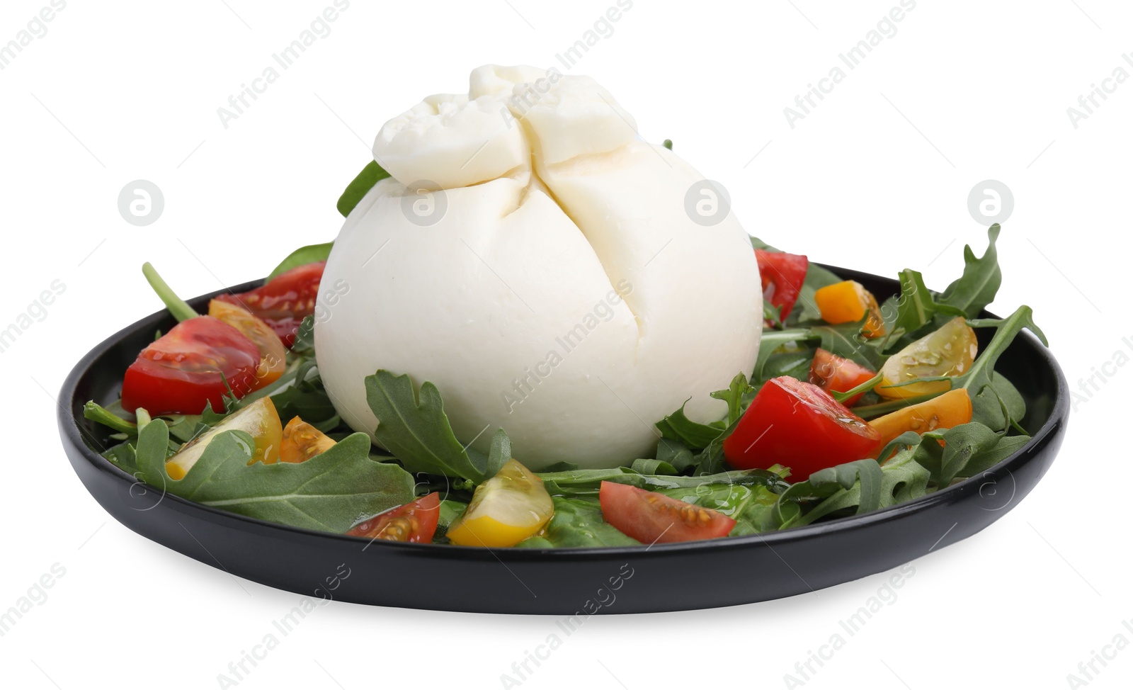 Photo of Fresh delicious burrata salad isolated on white