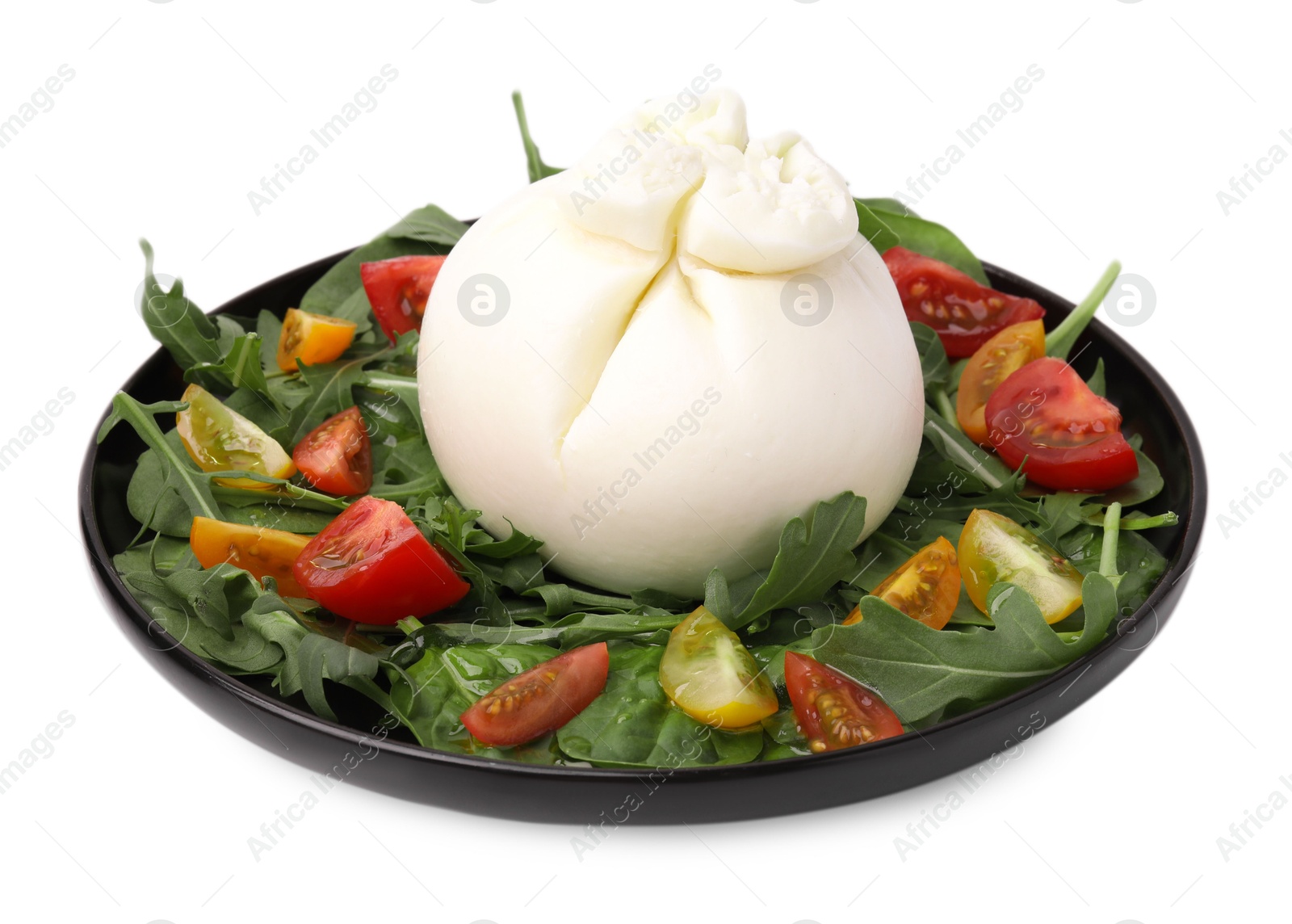 Photo of Fresh delicious burrata salad isolated on white