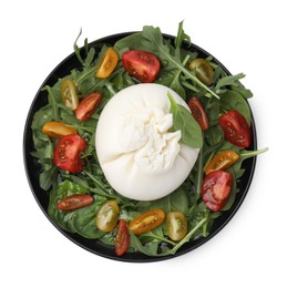 Photo of Delicious burrata salad isolated on white, top view