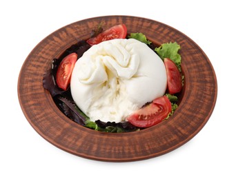 Photo of Delicious burrata salad in bowl isolated on white