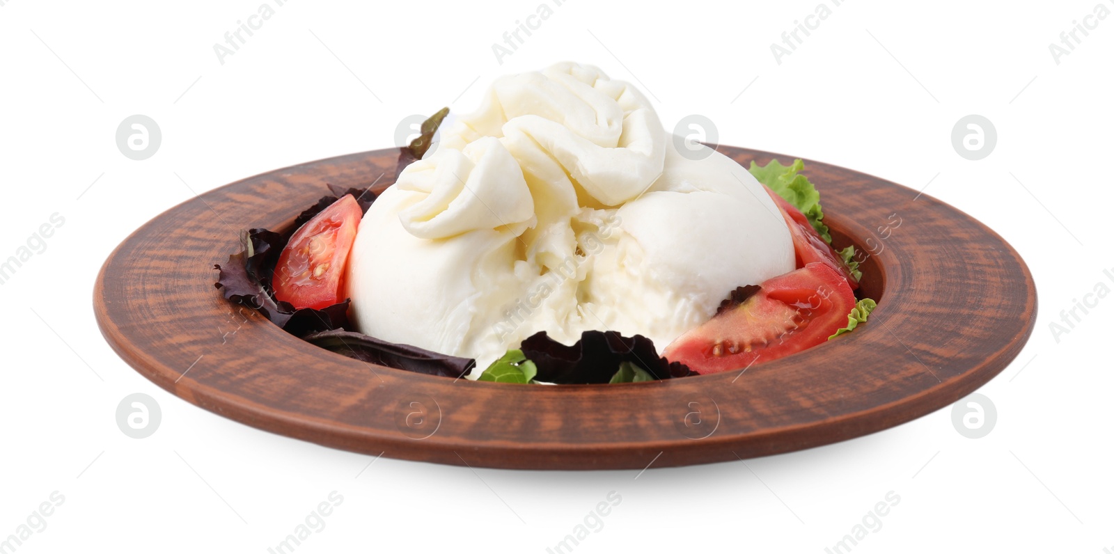 Photo of Delicious burrata salad in bowl isolated on white