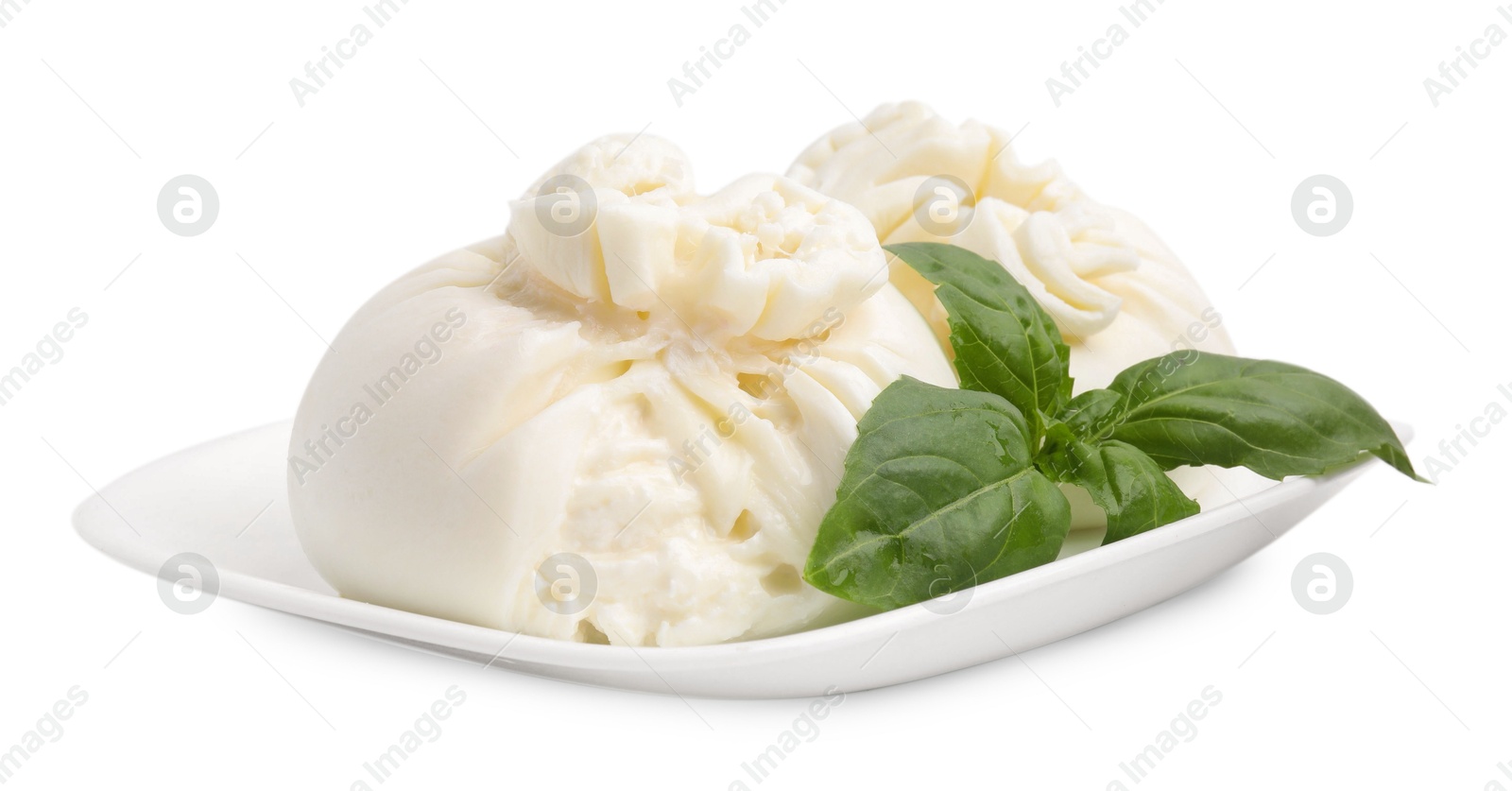 Photo of Delicious burrata cheese and basil isolated on white