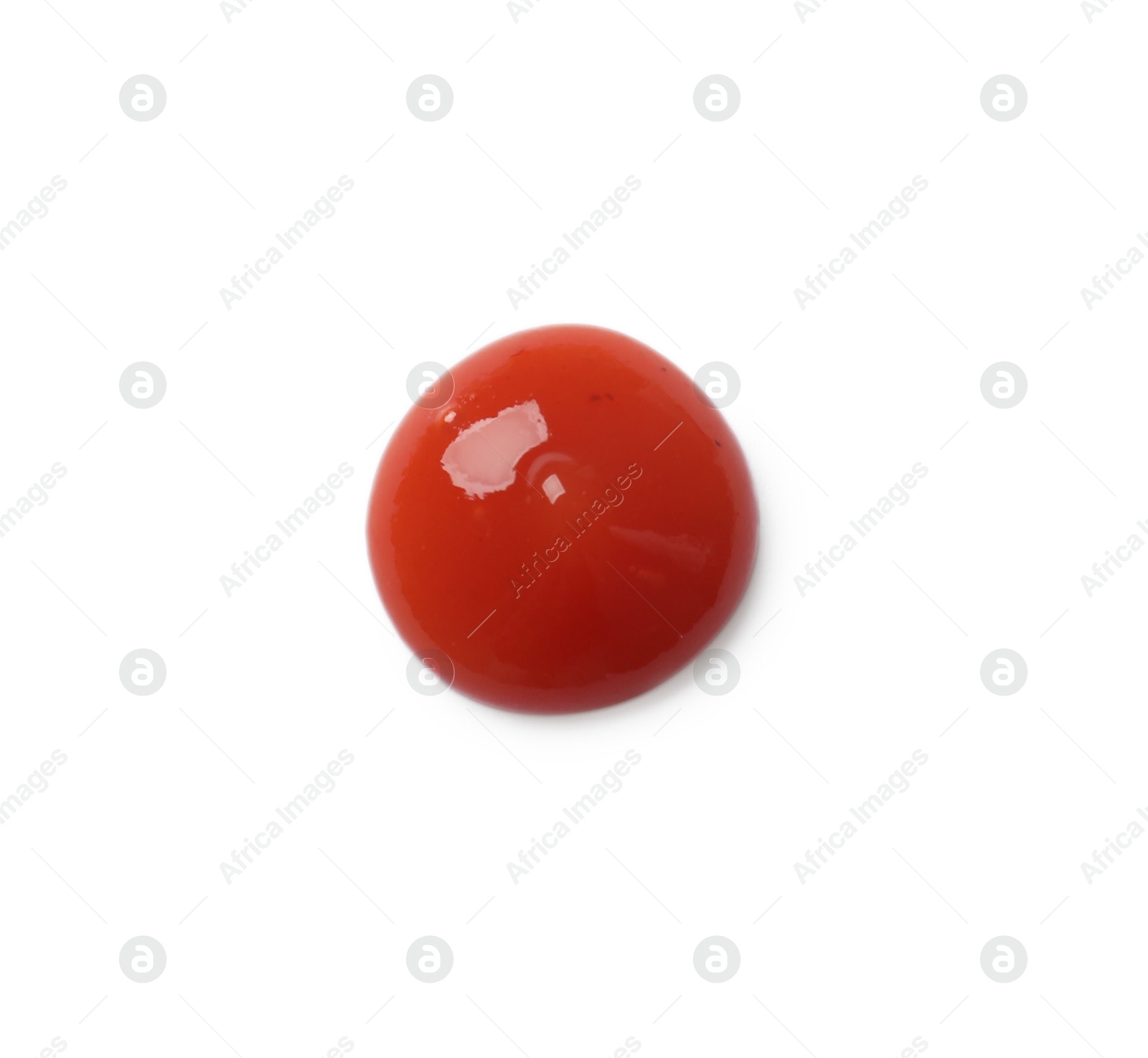 Photo of Tasty ketchup isolated on white, top view. Tomato sauce