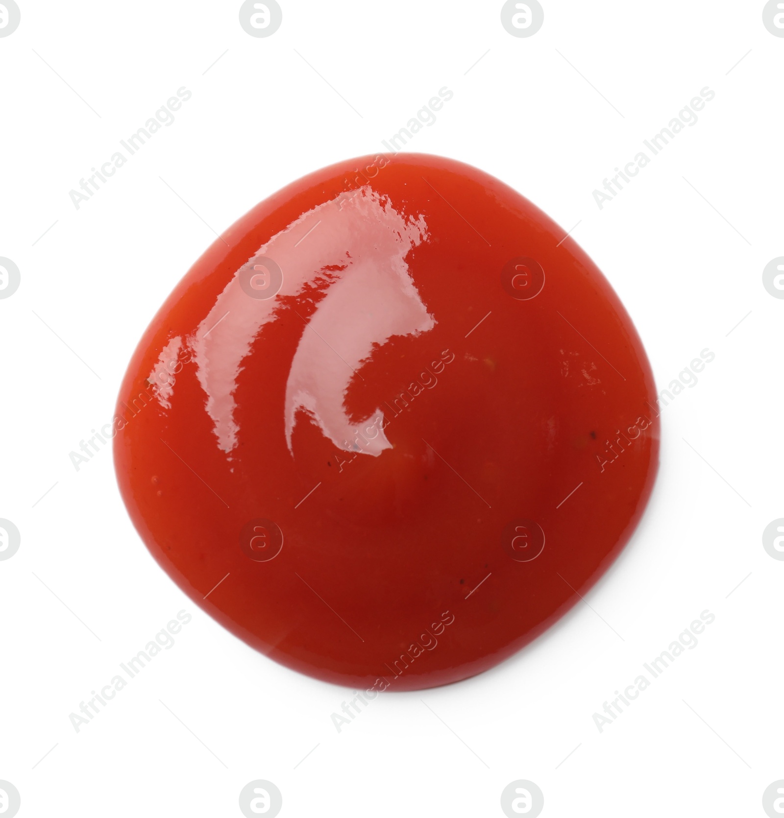 Photo of Tasty ketchup isolated on white, top view. Tomato sauce