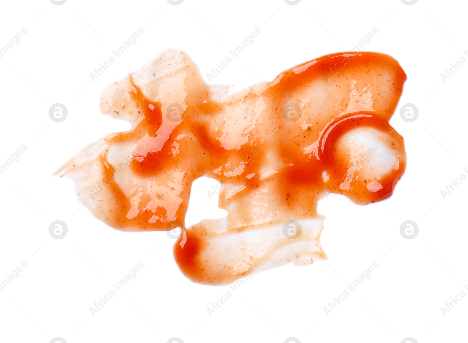 Photo of Tasty ketchup isolated on white, top view. Tomato sauce