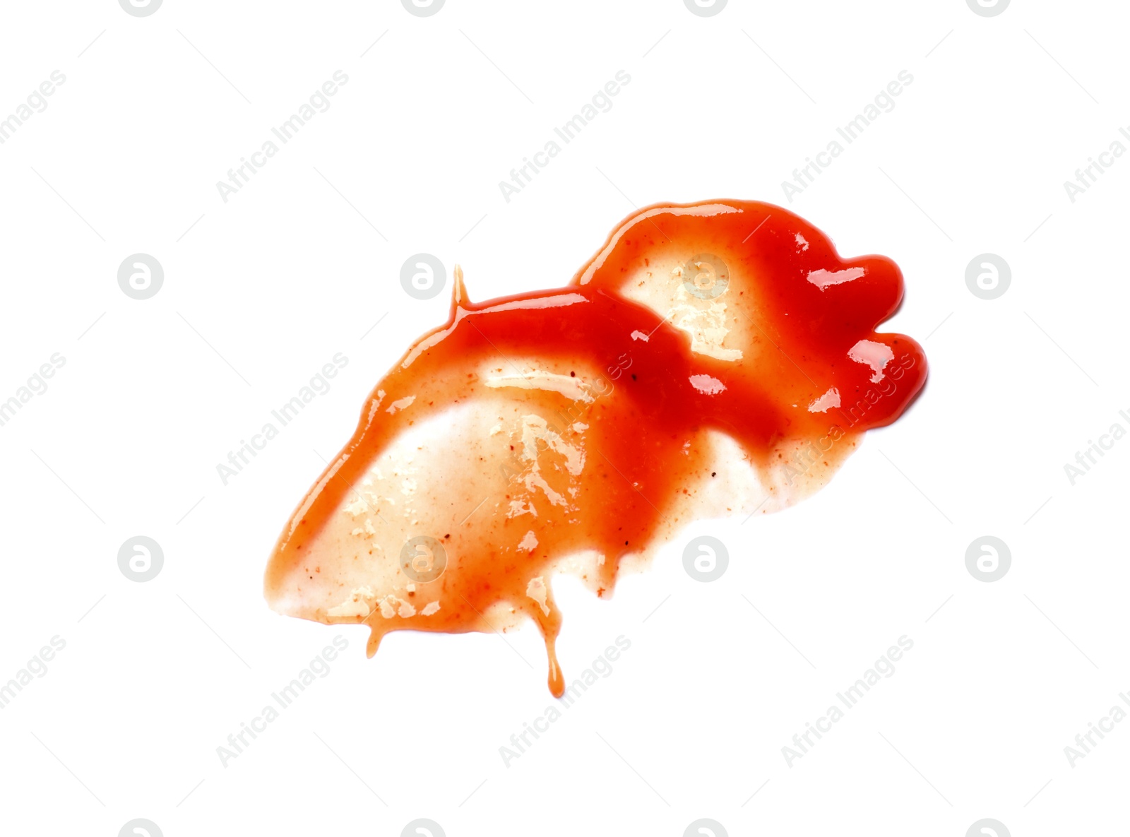 Photo of Tasty ketchup isolated on white, top view. Tomato sauce