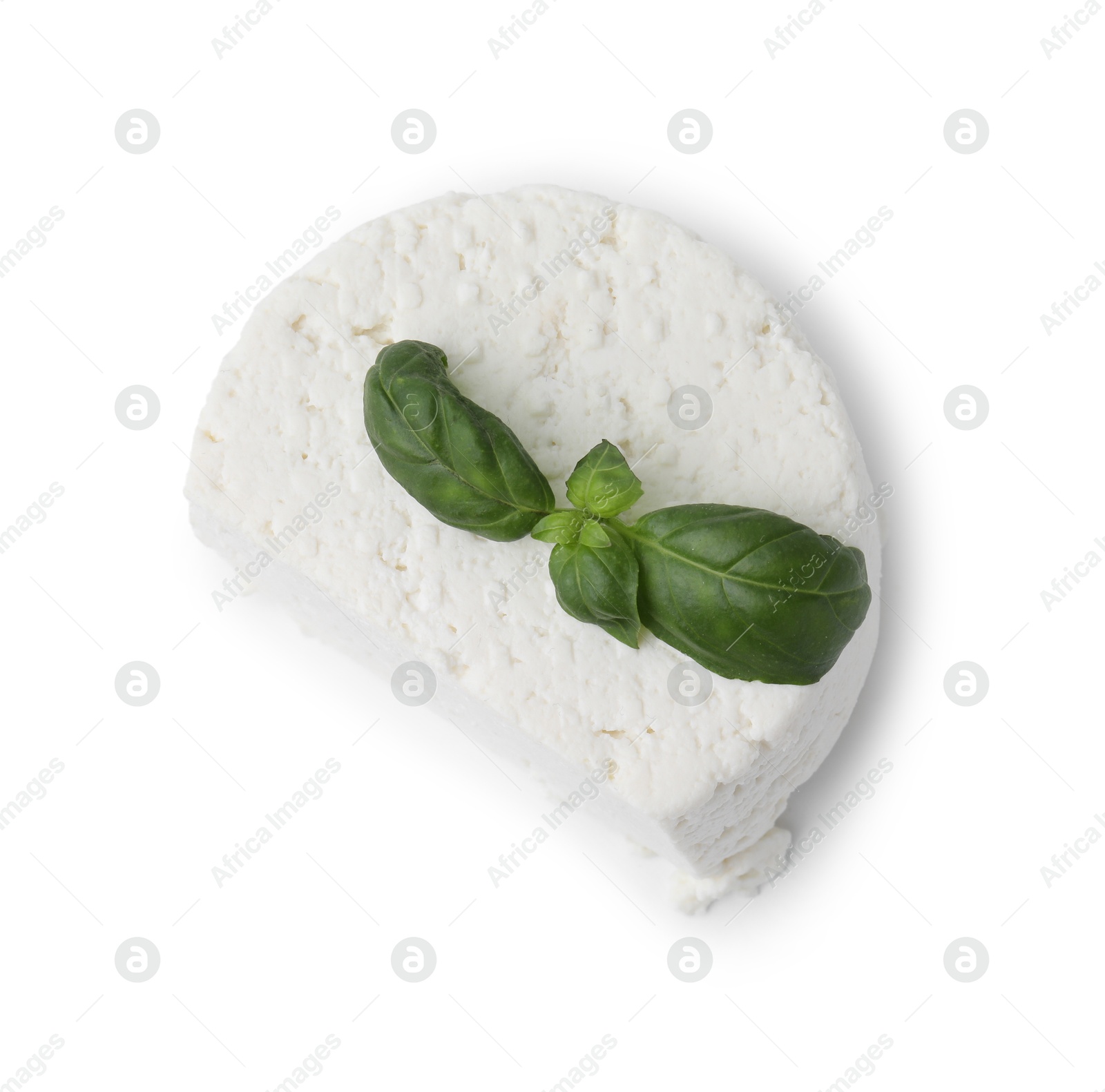 Photo of Fresh ricotta (cream cheese) and basil isolated on white, top view