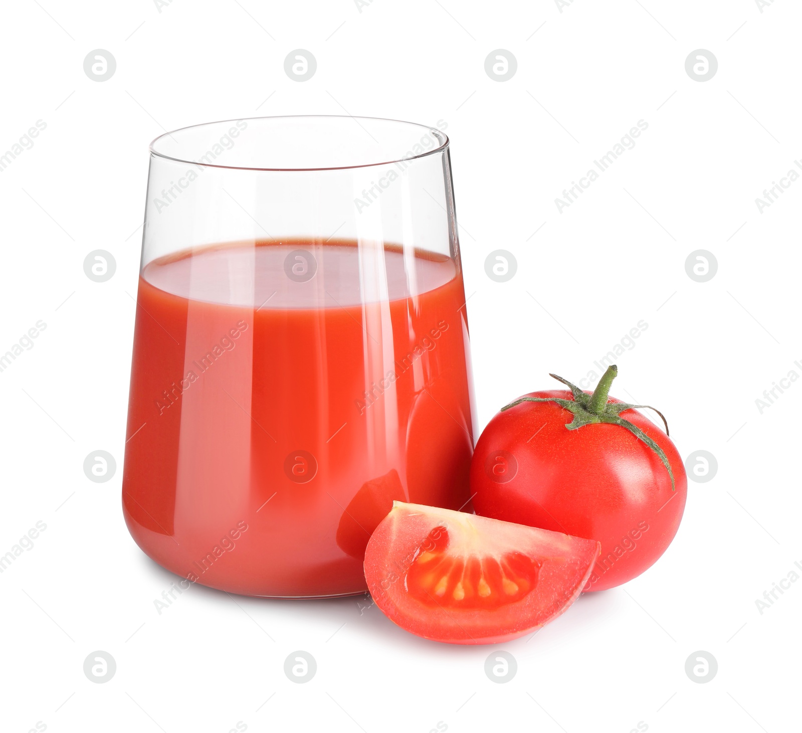 Photo of Tasty tomato juice in glass and fresh vegetables isolated on white