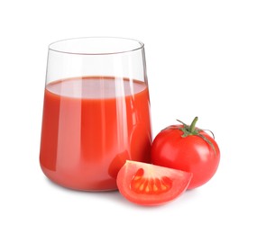 Photo of Tasty tomato juice in glass and fresh vegetables isolated on white