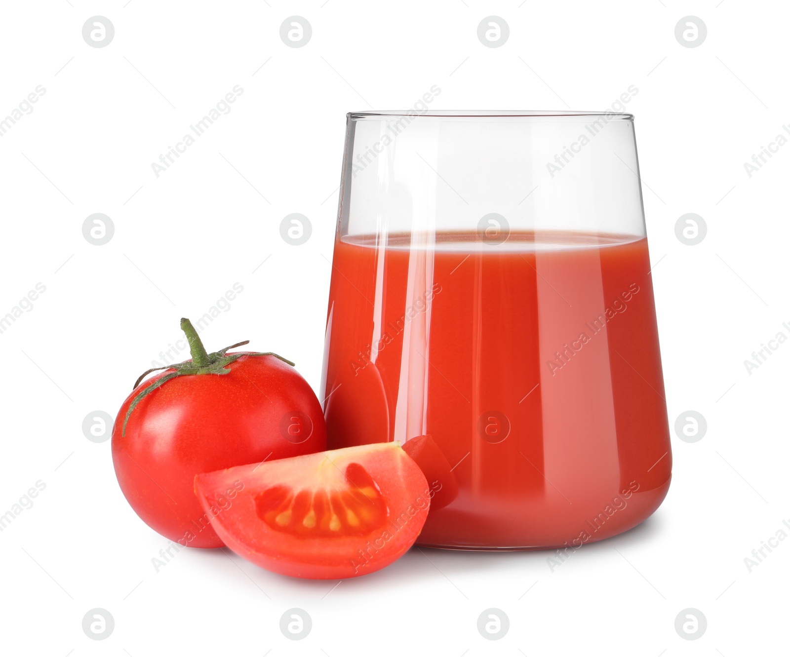 Photo of Tasty tomato juice in glass and fresh vegetables isolated on white