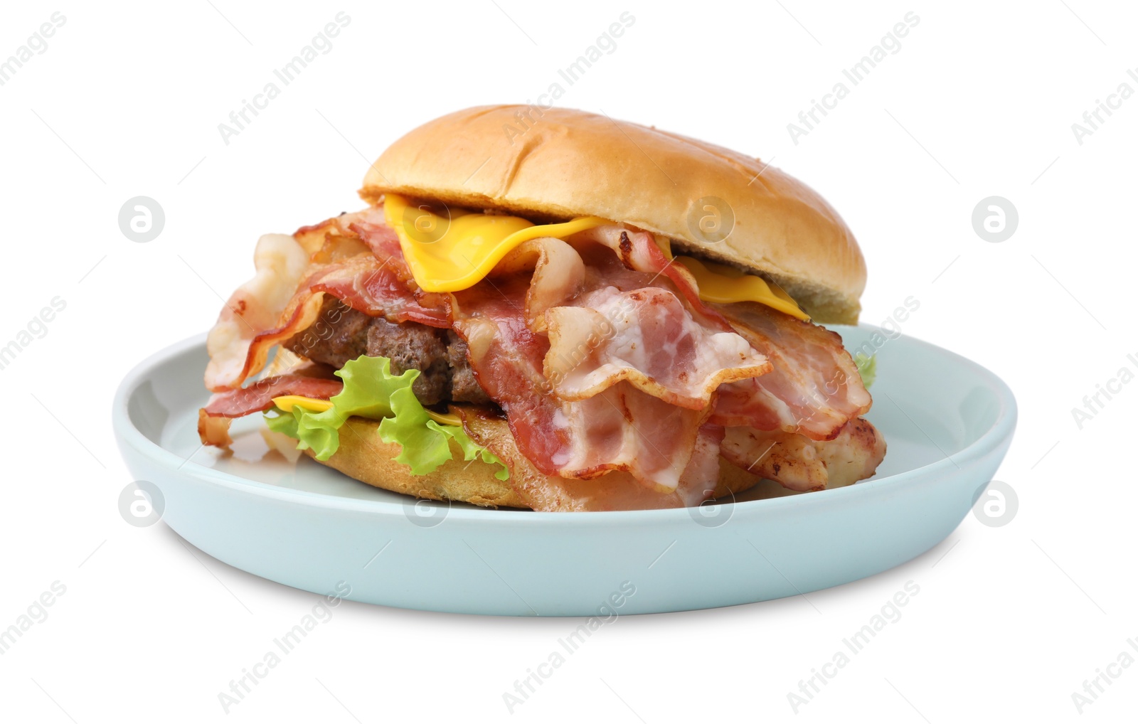 Photo of Delicious burger with bacon, patty and cheese isolated on white