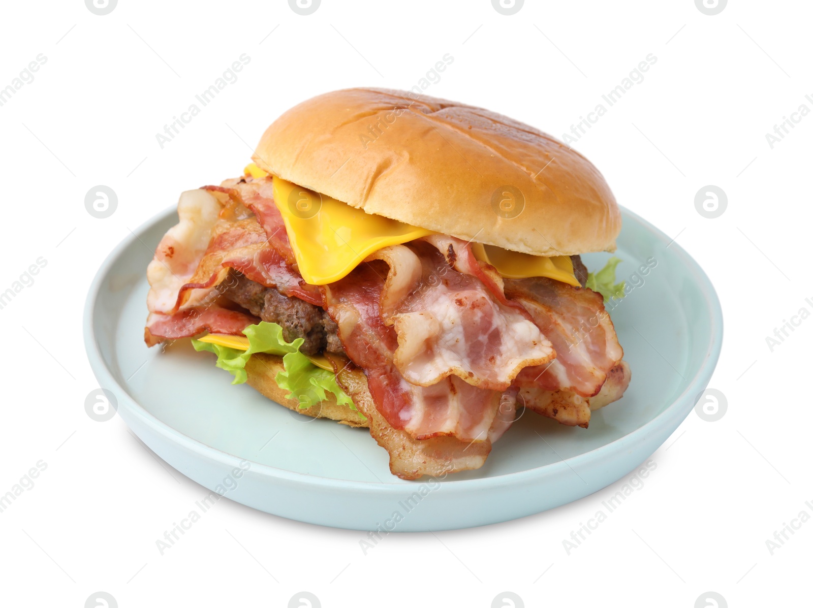 Photo of Delicious burger with bacon, patty and cheese isolated on white