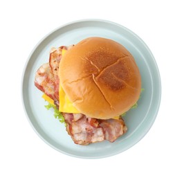 Delicious burger with bacon and cheese isolated on white, top view