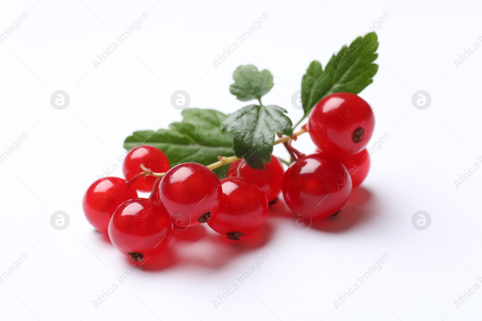 Photo of Fresh ripe red currant berries with green leaves isolated on white