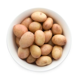 Photo of Raw potatoes in bowl isolated on white, top view