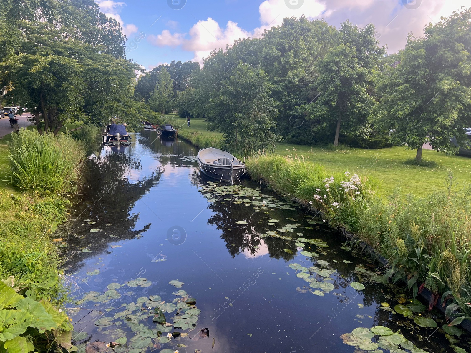 Photo of Picturesque view of river, trees and moored boats