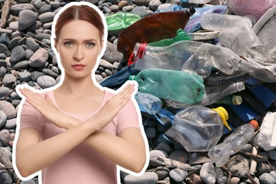 Image of Environmental pollution. Woman showing stop gesture among garbage on stones