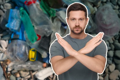 Image of Environmental pollution. Man showing stop gesture. Garbage on background