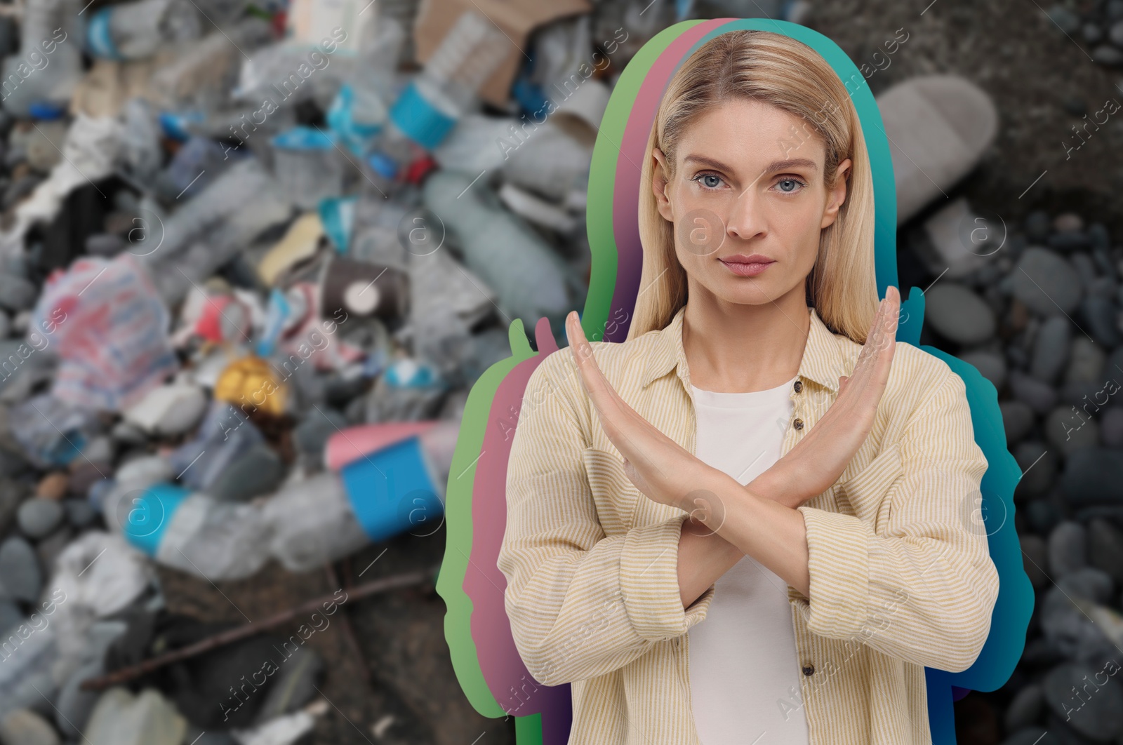 Image of Environmental pollution. Woman showing stop gesture. Garbage on background