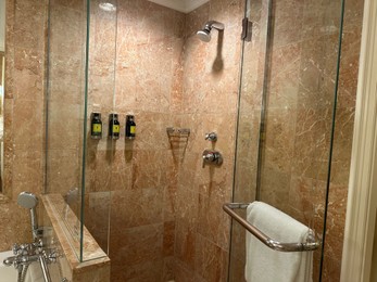 Berlin, Germany - July 2, 2024: Stylish bathroom in Regent Berlin Hotel