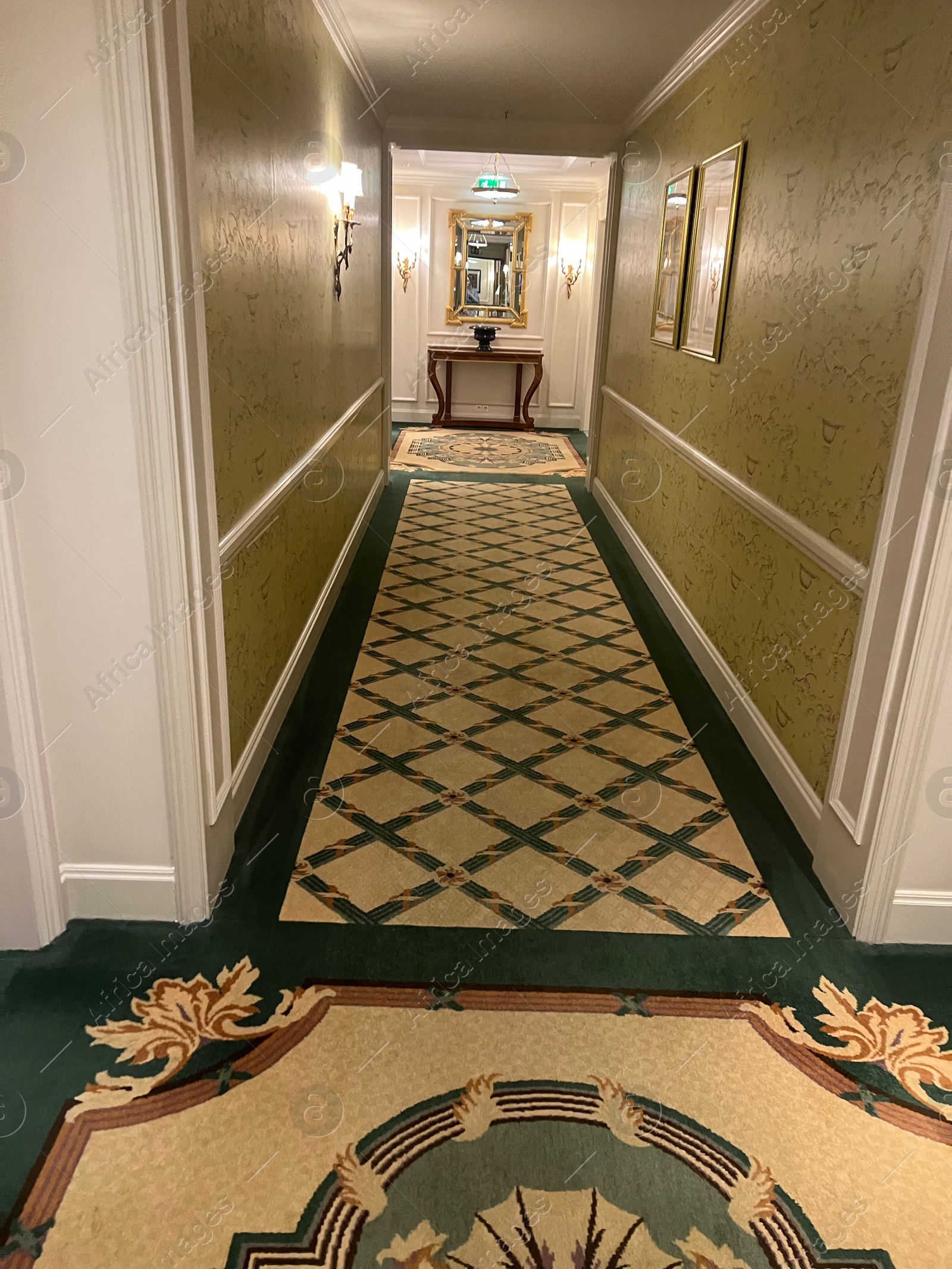 Photo of Luxury hotel interior. Empty long corridor with carpet and pictures