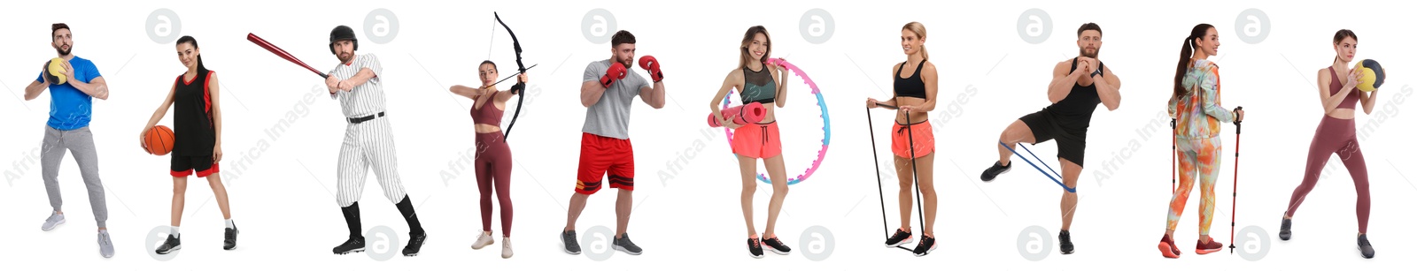 Image of Men and women with different sports equipment on white background, collage