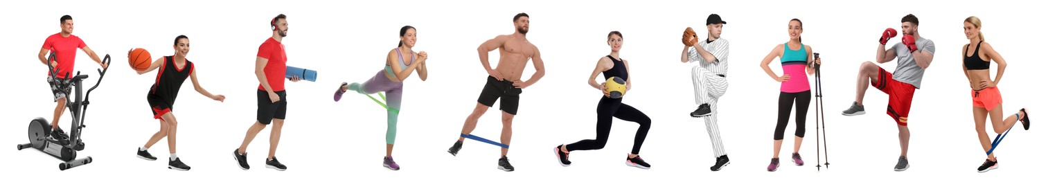 Image of Men and women with different sports equipment on white background, collage