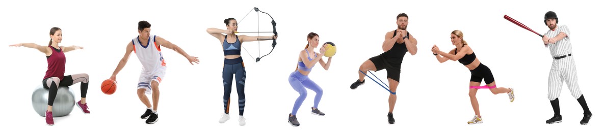 Image of Men and women with different sports equipment on white background, collage