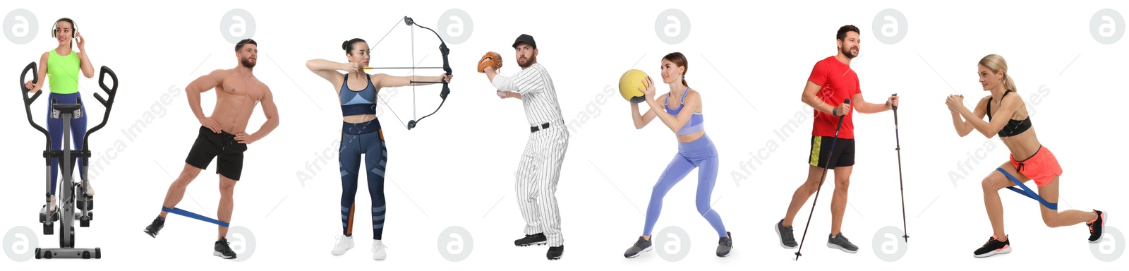 Image of Men and women with different sports equipment on white background, collage