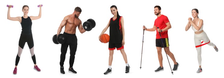 Image of Women and men with different sports equipment on white background, collage