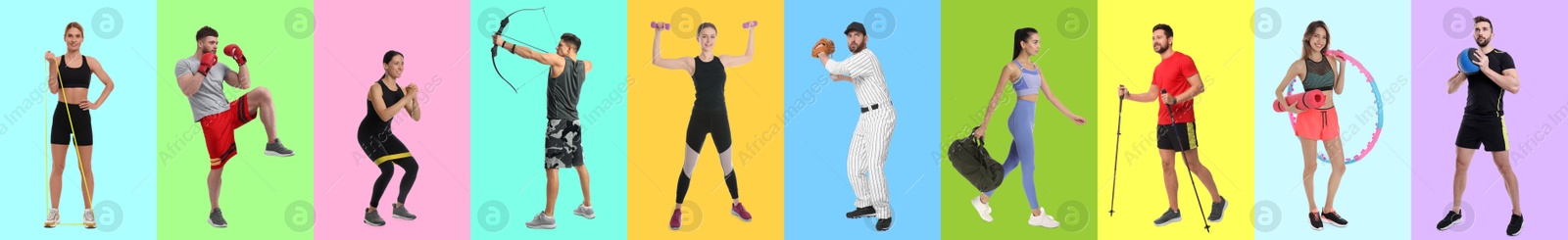 Image of Men and women with different sports equipment on color background, collage