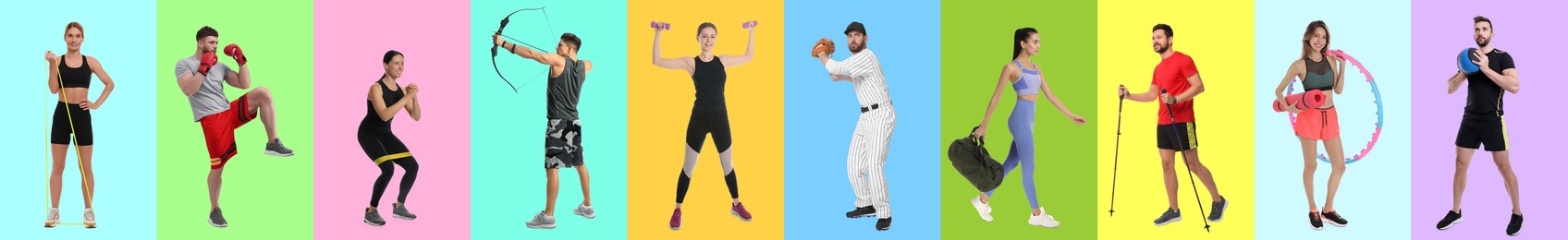 Image of Men and women with different sports equipment on color background, collage