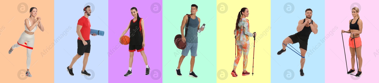 Image of Men and women with different sports equipment on color background, collage