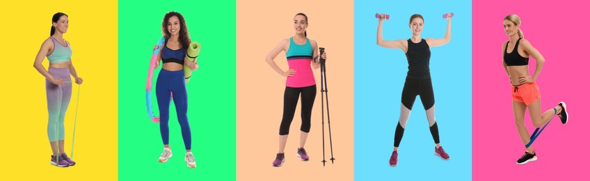 Image of Women with different sports equipment on color background, collage