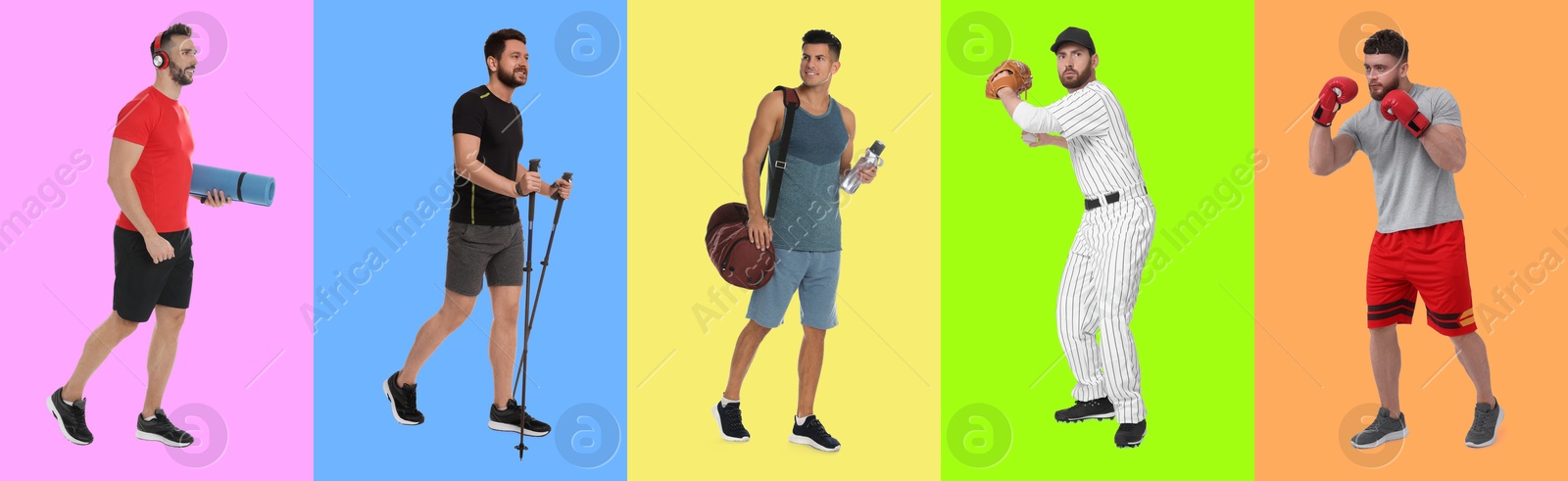 Image of Men with different sports equipment on color background, collage