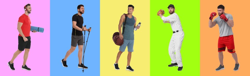 Image of Men with different sports equipment on color background, collage