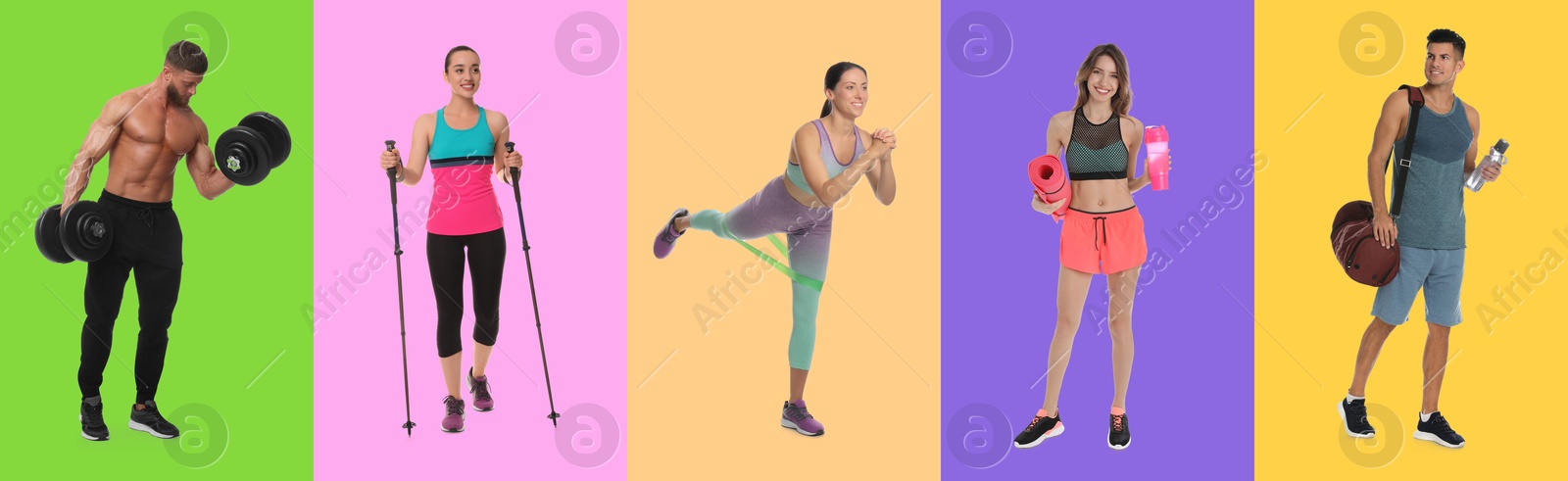 Image of Men and women with different sports equipment on color background, collage