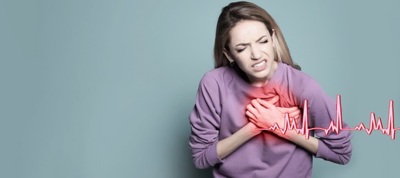 Image of Heart attack. Woman writhing in pain and pressing hands to chest on color background. Banner design with space for text