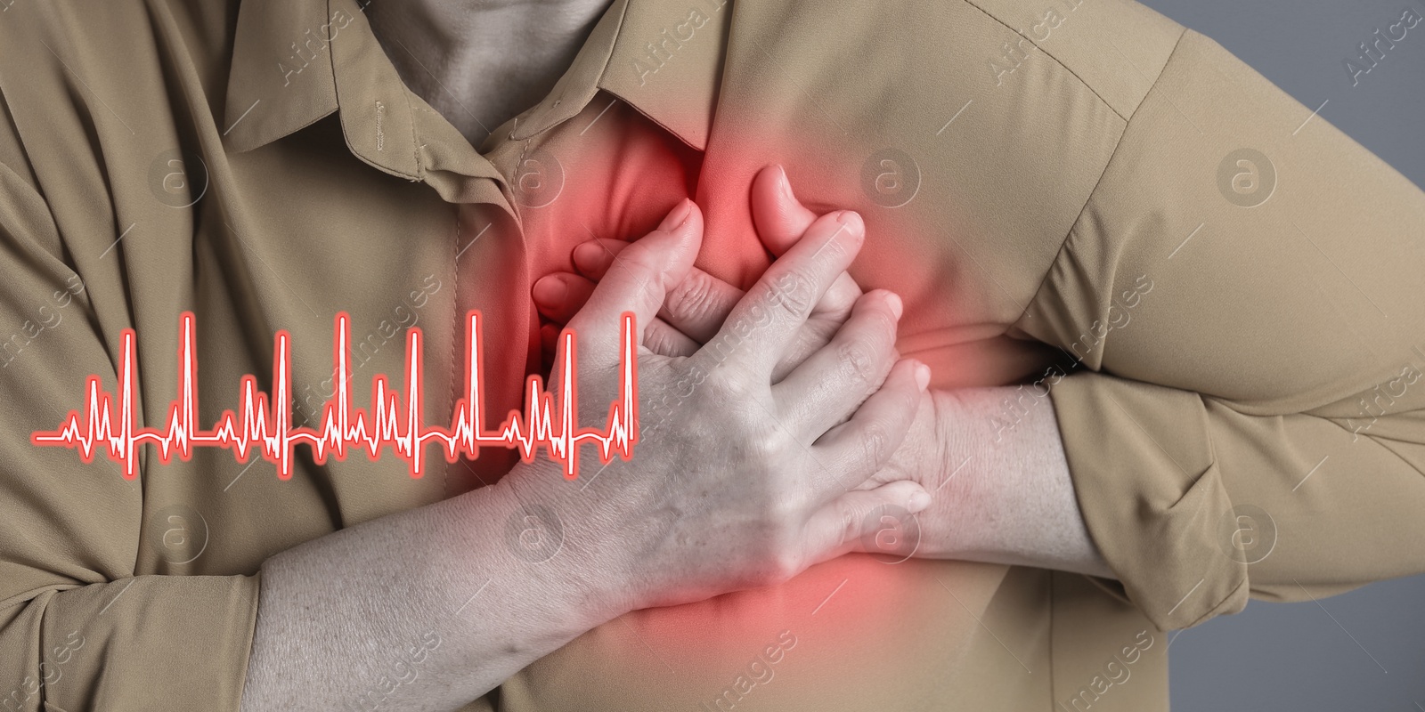 Image of Heart attack. Woman suffering from severe pain and pressing hands to chest, closeup. Banner design