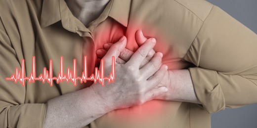 Heart attack. Woman suffering from severe pain and pressing hands to chest, closeup. Banner design