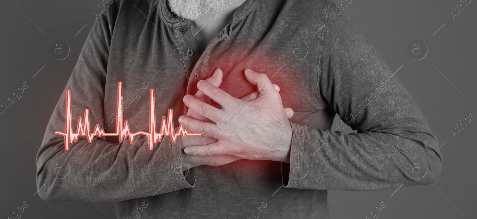 Image of Heart attack. Man suffering from severe pain and pressing hands to chest on grey background, closeup. Banner design