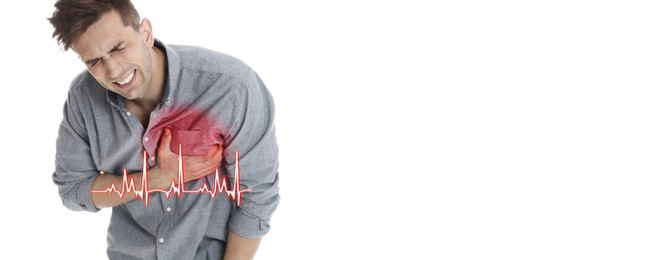 Image of Heart attack. Man writhing in pain and pressing hand to chest on white background. Banner design with space for text