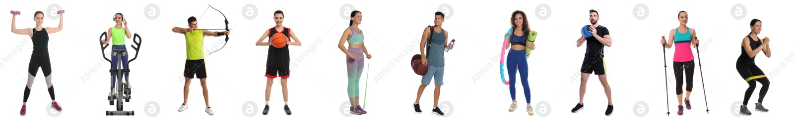 Image of Men and women with different sports equipment on white background, collage