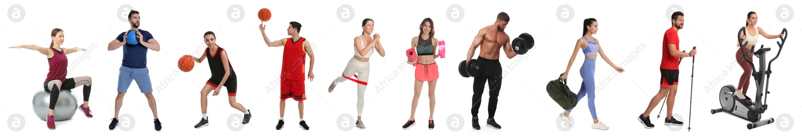 Image of Men and women with different sports equipment on white background, collage